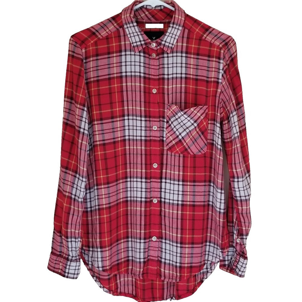 AMERICAN EAGLE Shirt Women S Red Plaid Boyfriend Fit Long Sleeve Rockabilly Grun